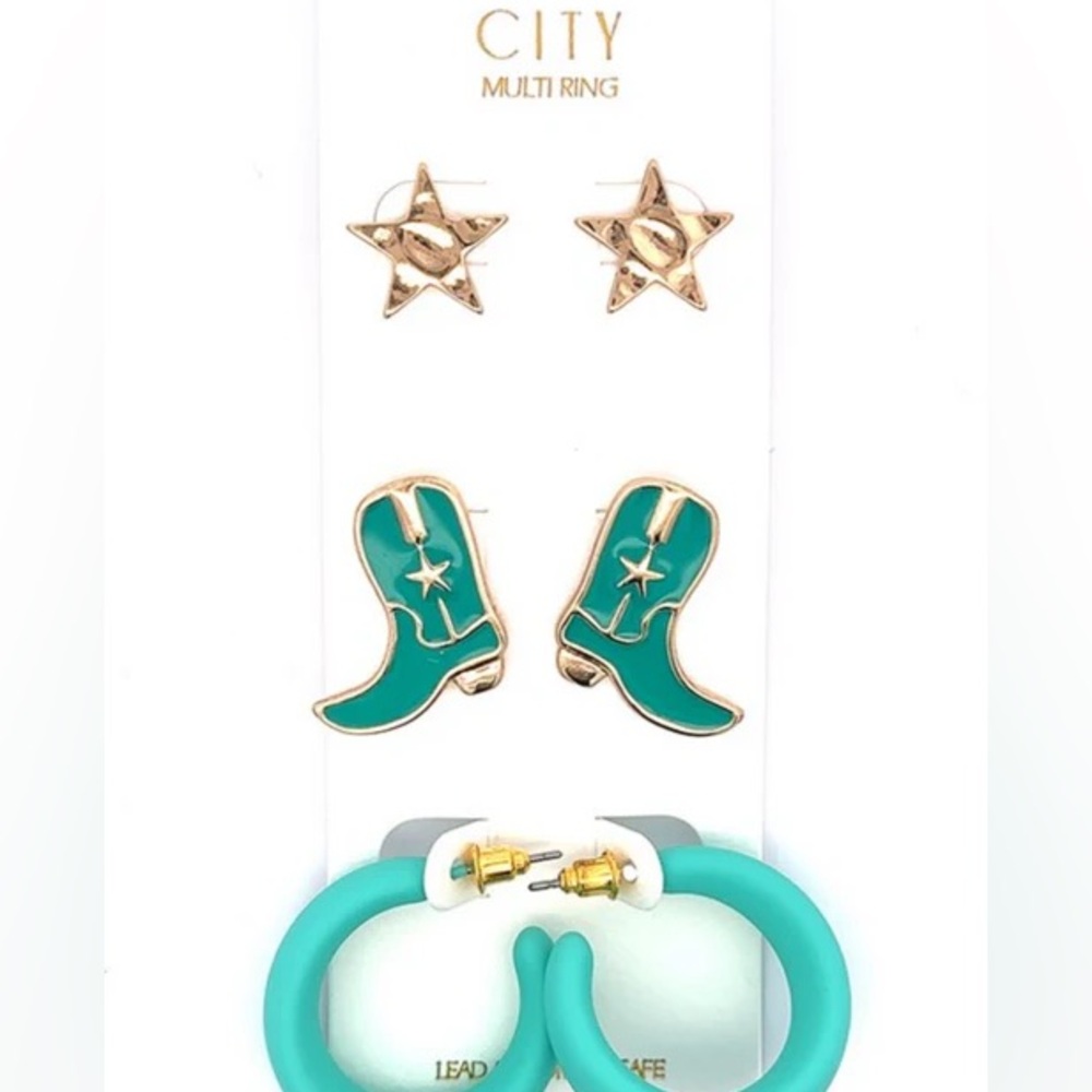 3 Gold Star, Turquoise Cowboy Boots, and Turquoise Hoop Earrings